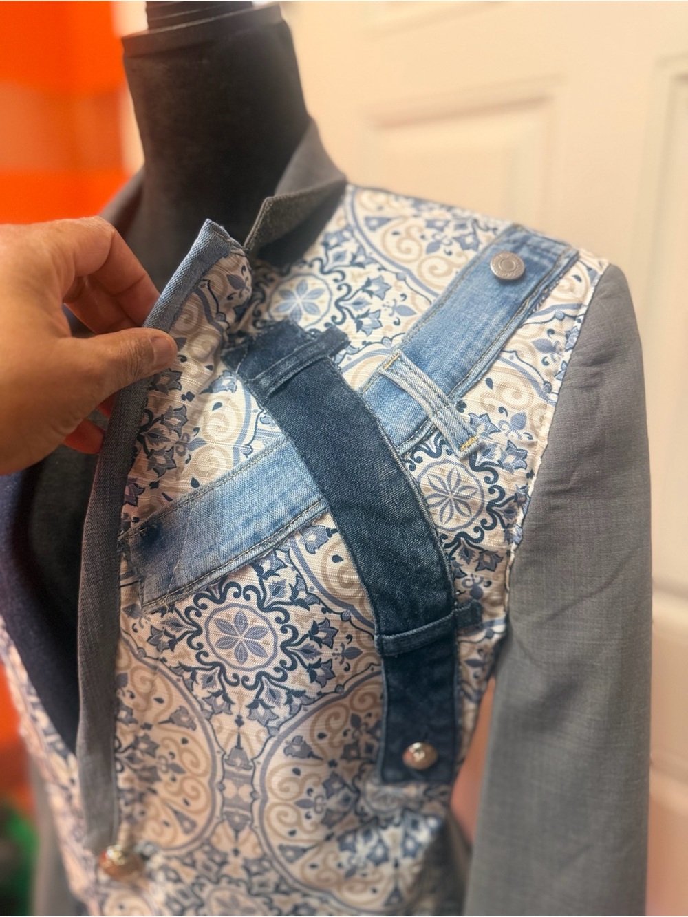 Crown & Ivy Gray Blazer with Blue Paisley and Denim Patchwork - Men’s Blazer - Picture 6 of 11